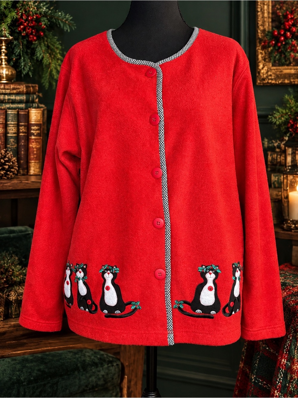 Vintage Baxter & Wells XL Red Christmas Cat Fleece Cardigan Grannycore